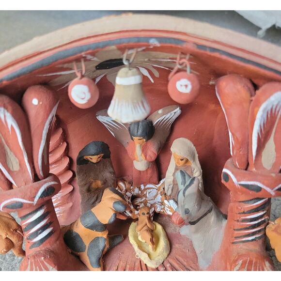 Vintage Mexican Red Clay Pottery Nativity Manger Animal Scene Hand Painted - Picture 2 of 8
